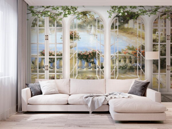 Murale di un giardino con vista su un balcone Murale di un giardino con vista su un balcone
