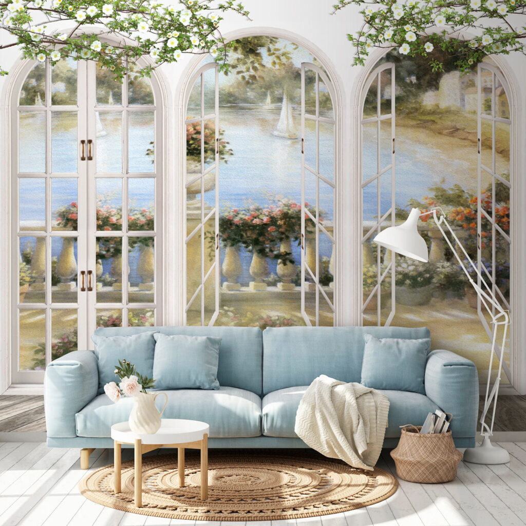 Wall mural of a garden with a view of a balcony