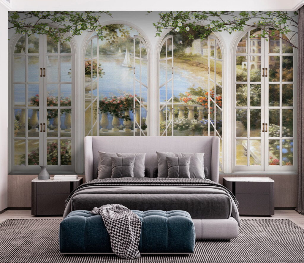 Wall mural of a garden with a view of a balcony