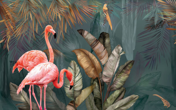 Fenicotteri rosa e un uccello in una foresta Fenicotteri rosa e un uccello in una foresta