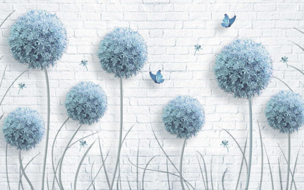 Carta da parati con fiori blu e farfalle Carta da parati con fiori blu e farfalle