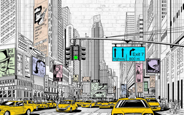 Disegno di una strada cittadina con auto ed edifici Disegno di una strada cittadina con auto ed edifici