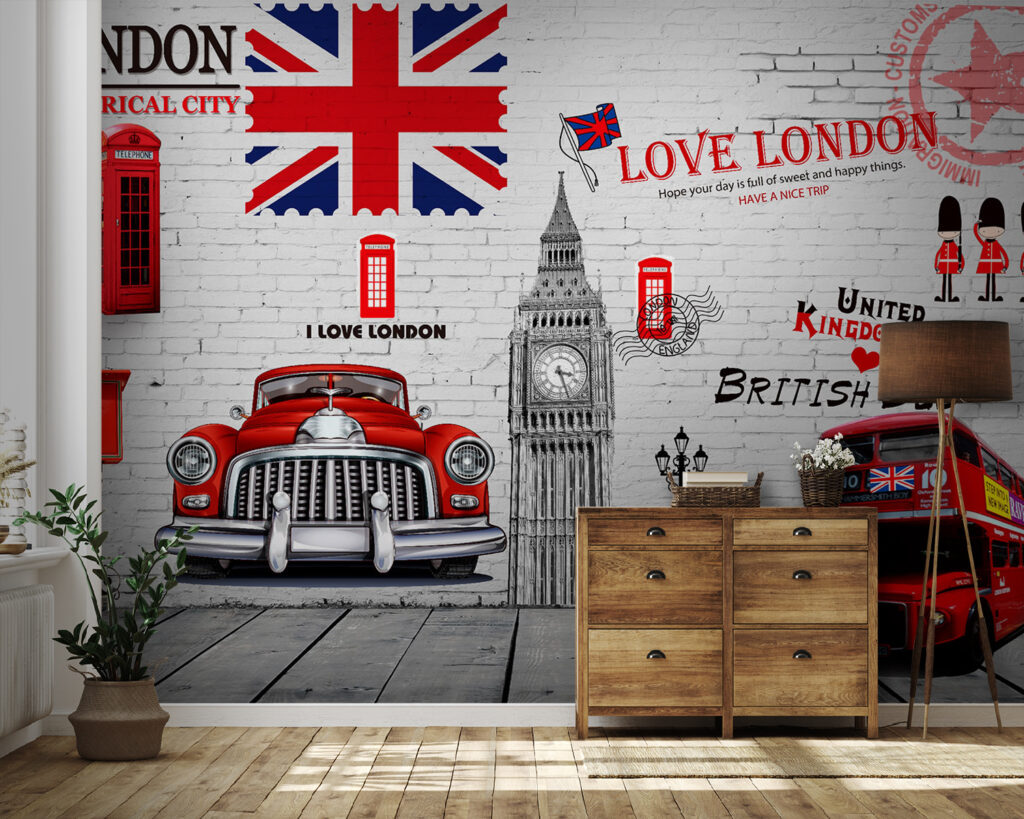 Red bus and a red bus painted on a wall Red bus and a red bus painted on a wall