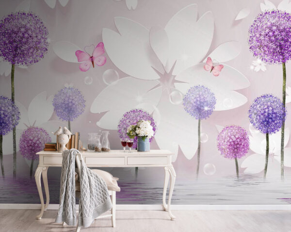 Fiori bianchi e viola con farfalle Fiori bianchi e viola con farfalle