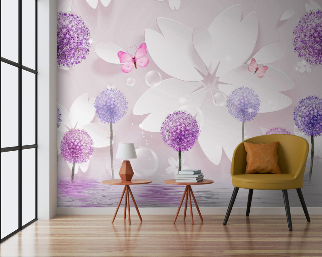 Purple and white flowers with butterflies Purple and white flowers with butterflies