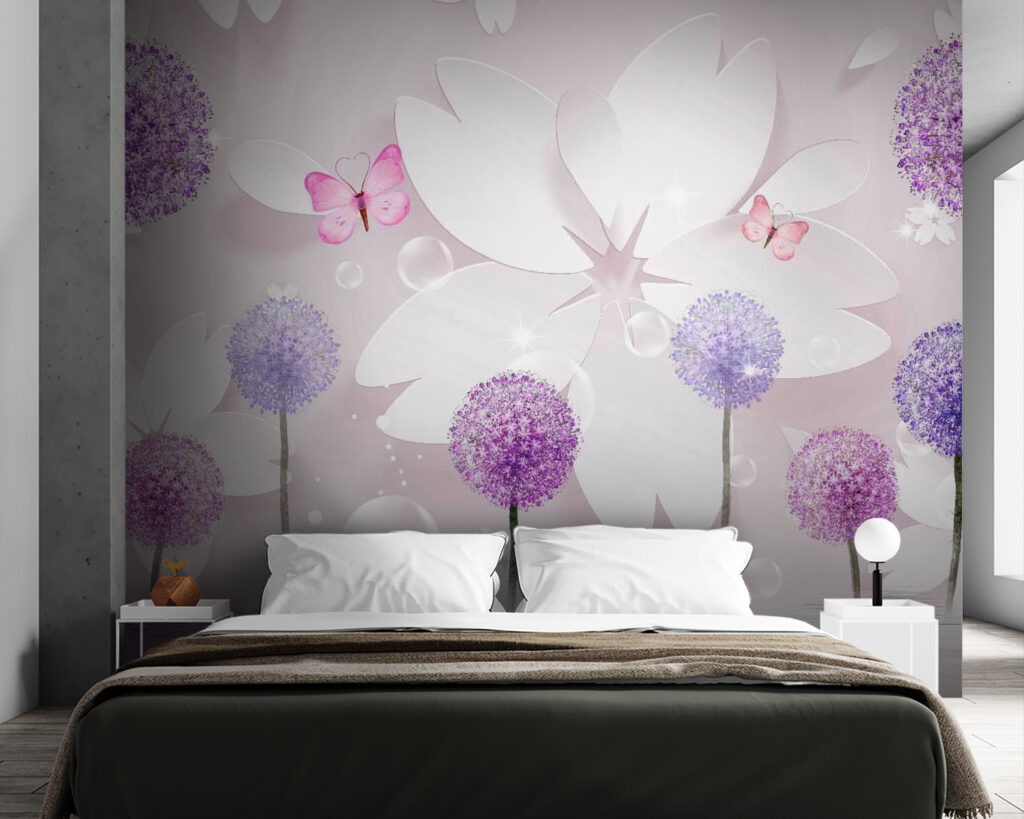 Purple and white flowers with butterflies Purple and white flowers with butterflies