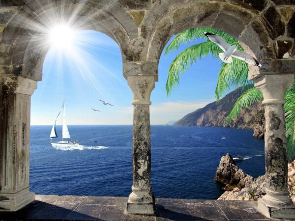 Vista sull'oceano da un arco di pietra Vista sull'oceano da un arco di pietra