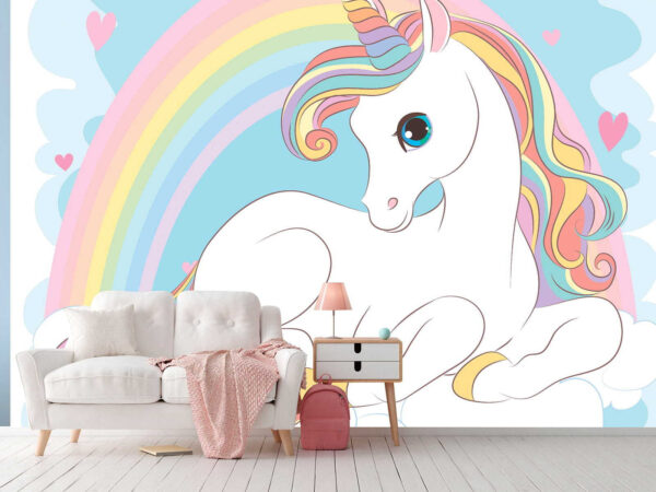 Unicorno seduto su una nuvola con arcobaleno e cuori Unicorno seduto su una nuvola con arcobaleno e cuori