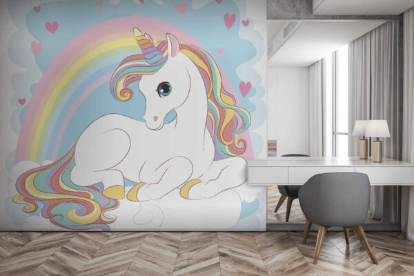 Unicorno seduto su una nuvola con arcobaleno e cuori Unicorno seduto su una nuvola con arcobaleno e cuori