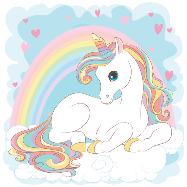 Unicorno seduto su una nuvola con arcobaleno e cuori Unicorno seduto su una nuvola con arcobaleno e cuori
