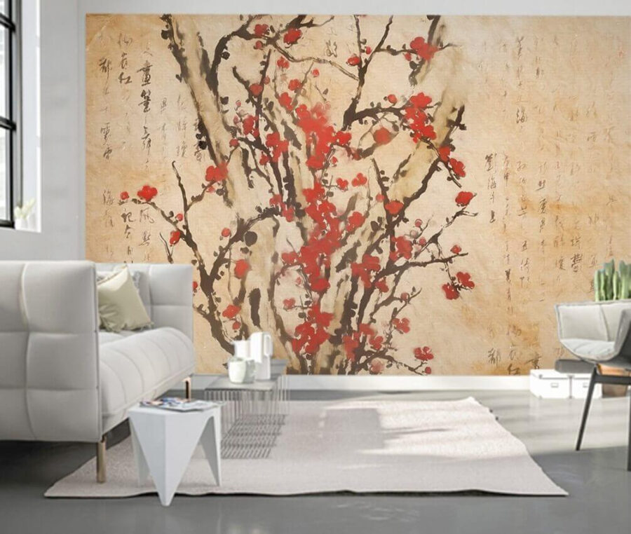 Pittura di un albero con fiori rossi