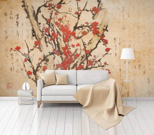 Pittura di un albero con fiori rossi Pittura di un albero con fiori rossi