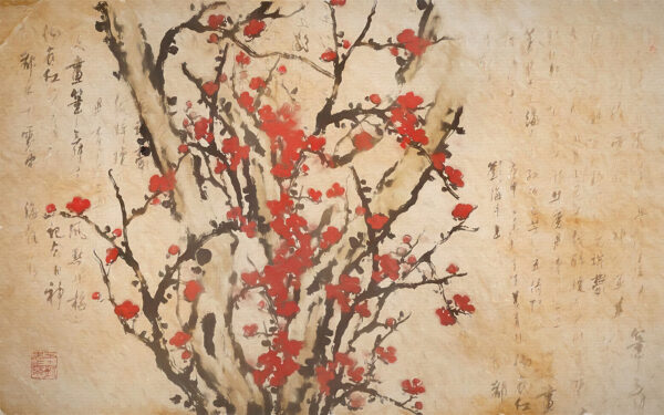 Pittura di un albero con fiori rossi Pittura di un albero con fiori rossi