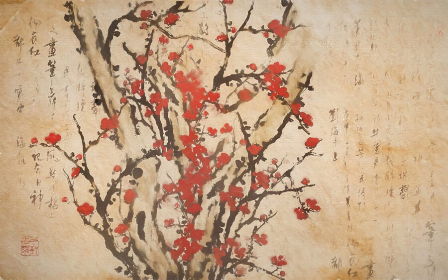 Pittura di un albero con fiori rossi