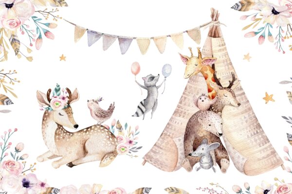 Group of animals with a teepee Group of animals with a teepee