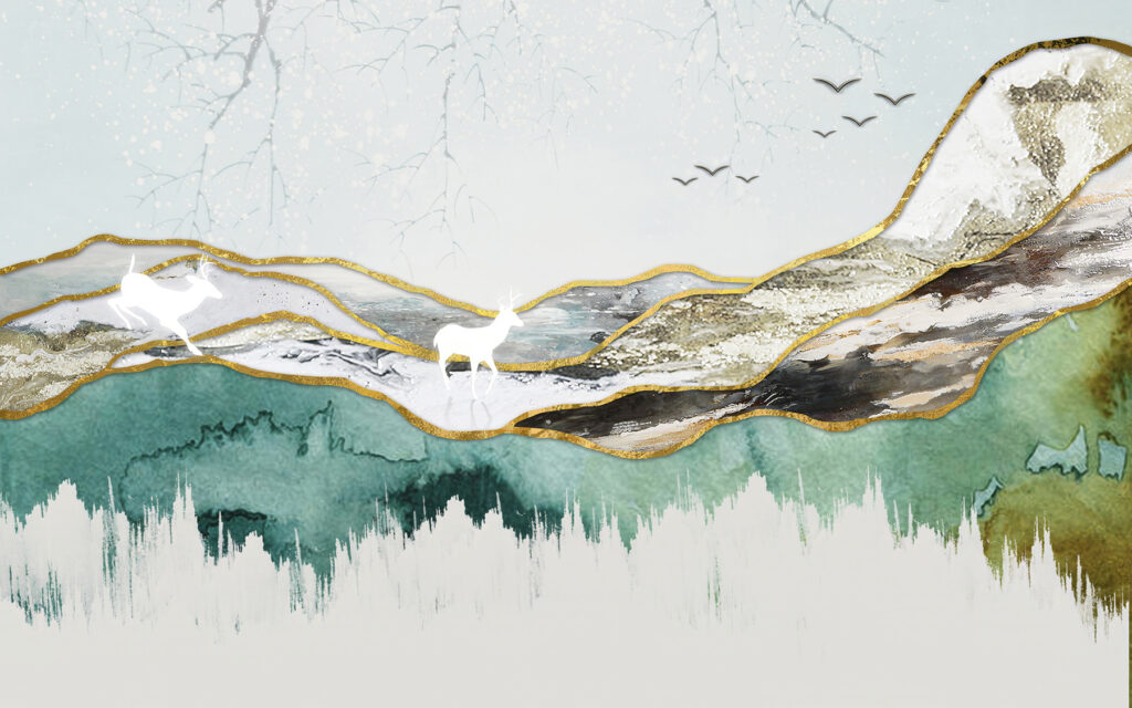 Pittura di un cervo e di montagne Pittura di un cervo e di montagne