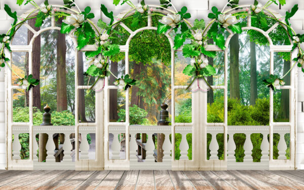 Porta bianca con fiori bianchi e foglie verdi Porta bianca con fiori bianchi e foglie verdi