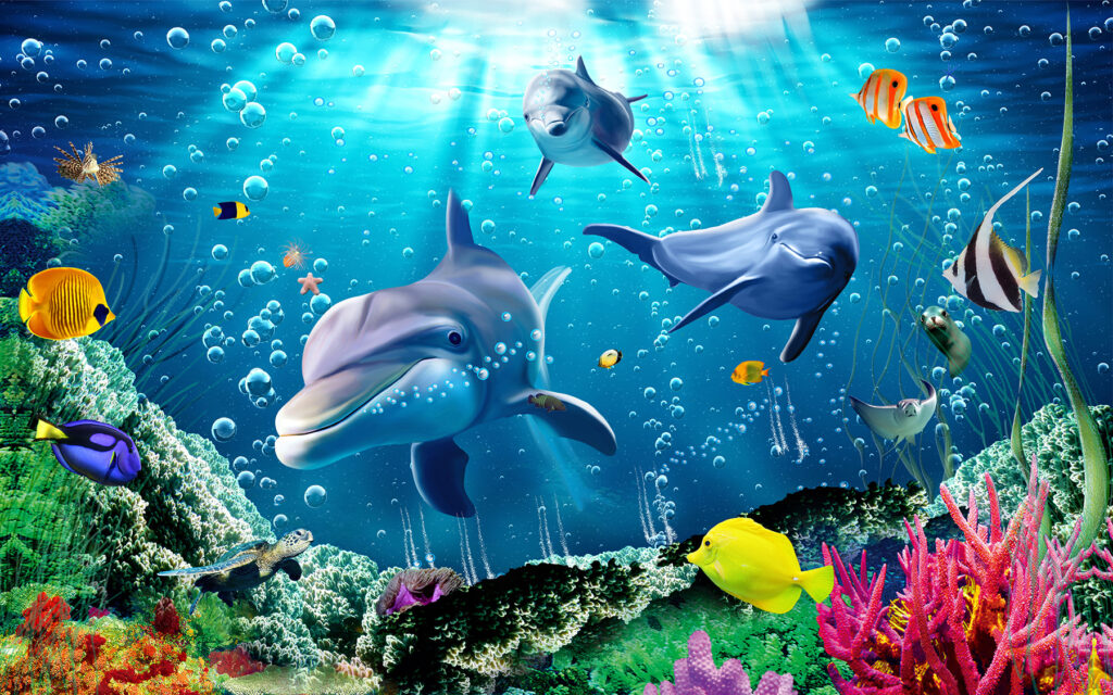 Gruppo di delfini che nuota in acqua Gruppo di delfini che nuota in acqua