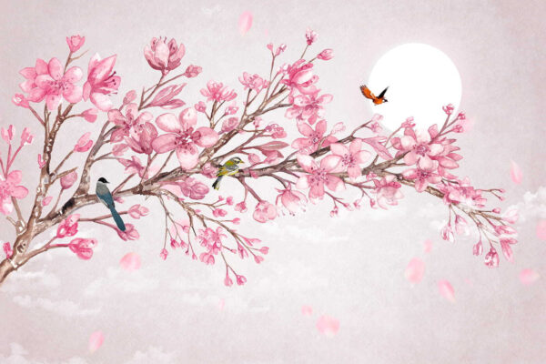 Pittura di un ramo con fiori rosa e uccelli Pittura di un ramo con fiori rosa e uccelli