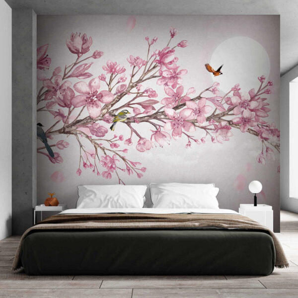 Pittura di un ramo con fiori rosa e uccelli Pittura di un ramo con fiori rosa e uccelli