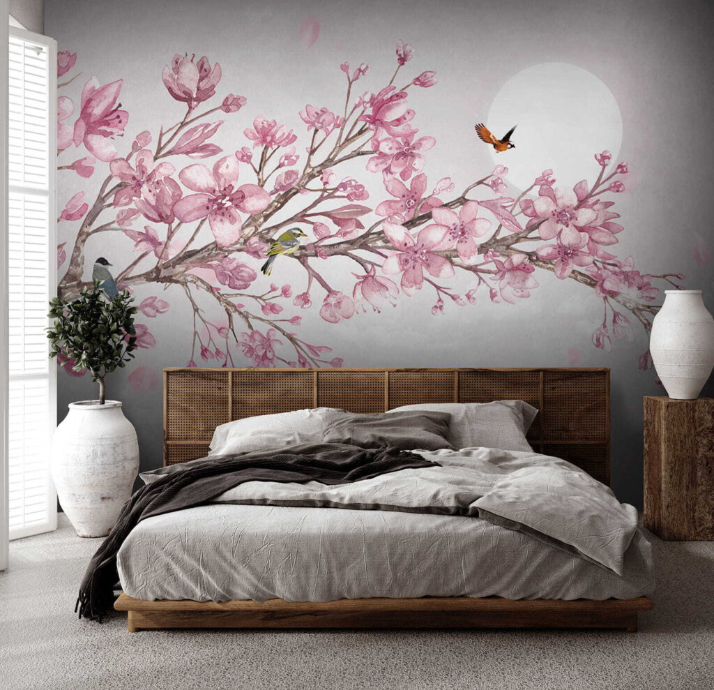 Painting of a branch with pink flowers and birds Painting of a branch with pink flowers and birds