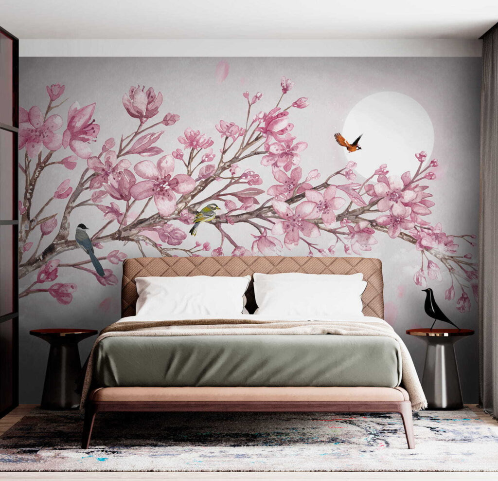 Painting of a branch with pink flowers and birds Painting of a branch with pink flowers and birds