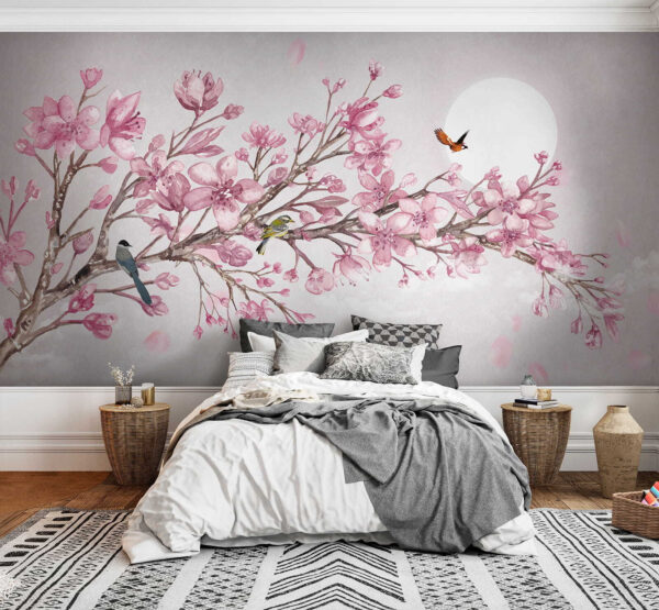 Pittura di un ramo con fiori rosa e uccelli Pittura di un ramo con fiori rosa e uccelli