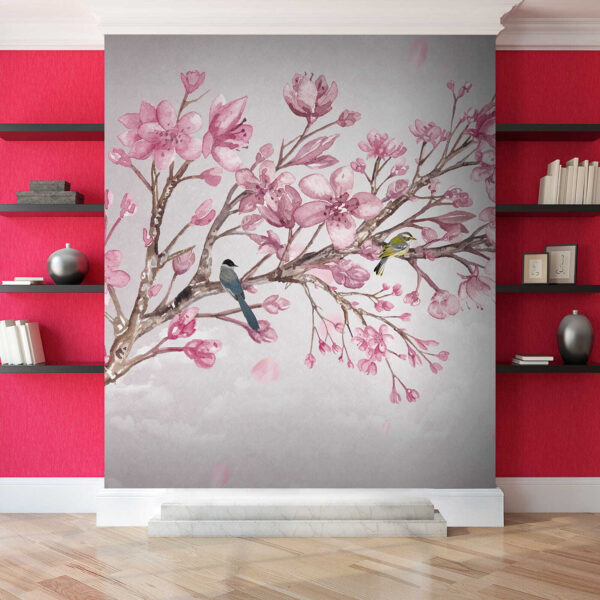 Pittura di un ramo con fiori rosa e uccelli Pittura di un ramo con fiori rosa e uccelli