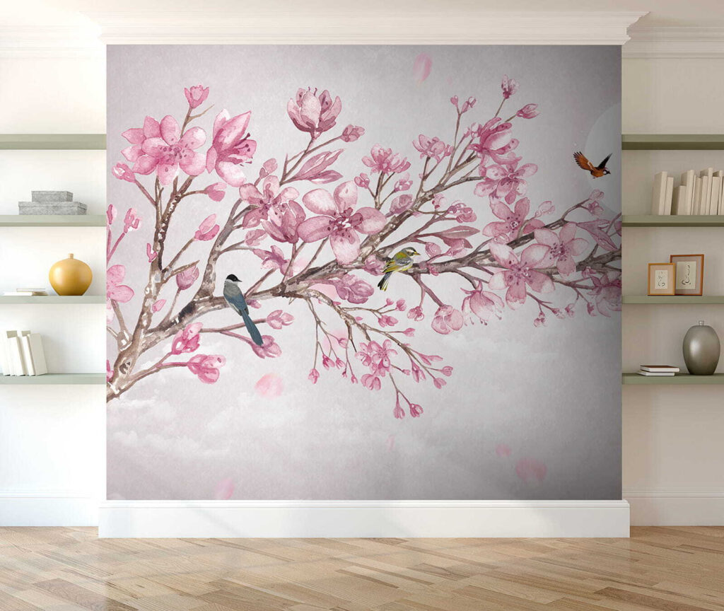 Painting of a branch with pink flowers and birds Painting of a branch with pink flowers and birds