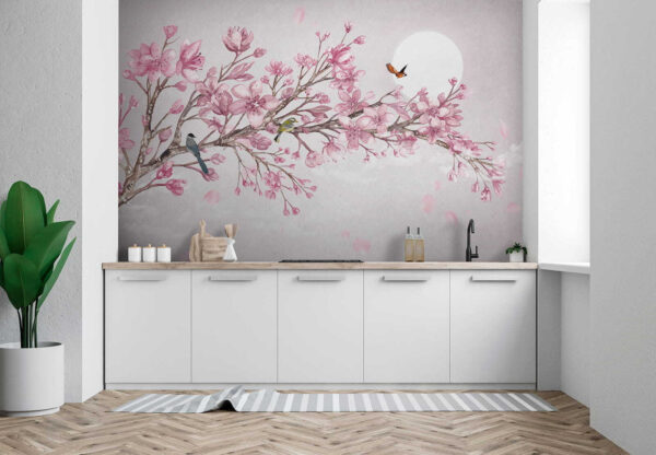 Pittura di un ramo con fiori rosa e uccelli Pittura di un ramo con fiori rosa e uccelli