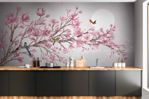 Pittura di un ramo con fiori rosa e uccelli Pittura di un ramo con fiori rosa e uccelli
