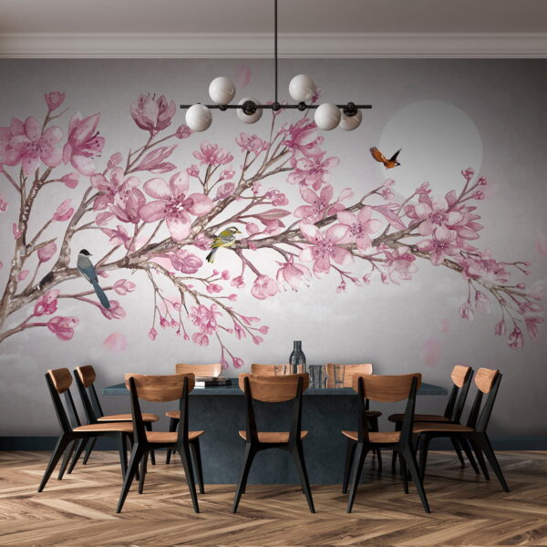 Pittura di un ramo con fiori rosa e uccelli Pittura di un ramo con fiori rosa e uccelli