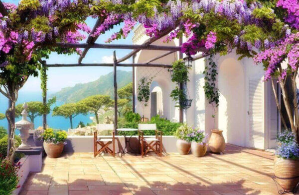 Patio con fiori e piante viola Patio con fiori e piante viola