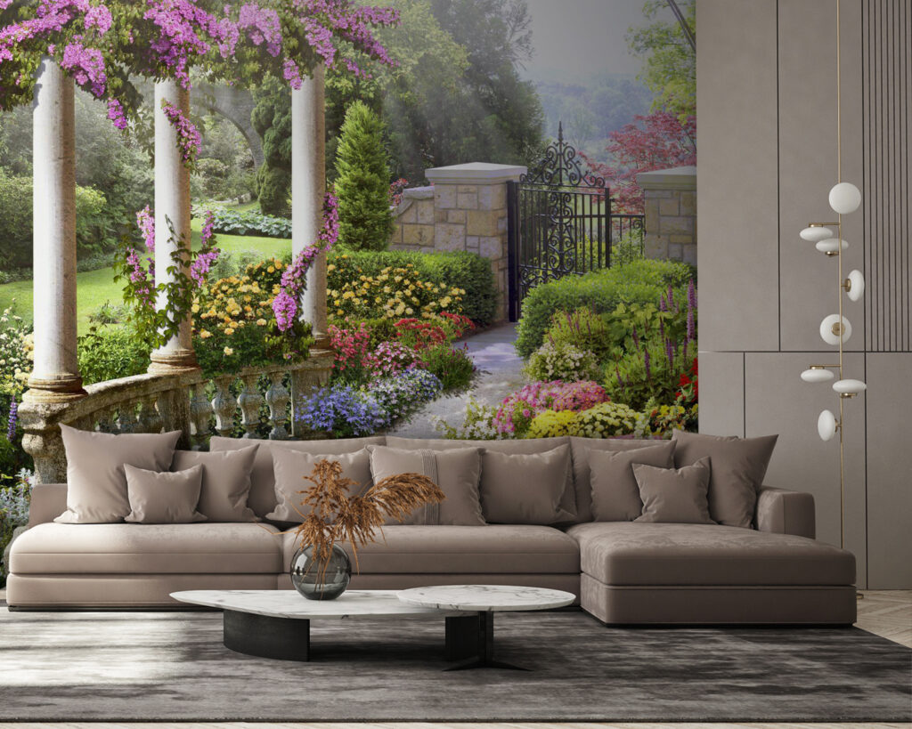 Garden with a gate and flowers