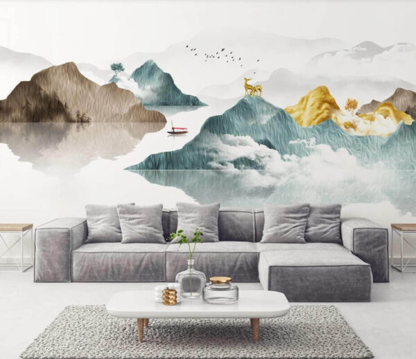 Painting of mountains and boats Painting of mountains and boats