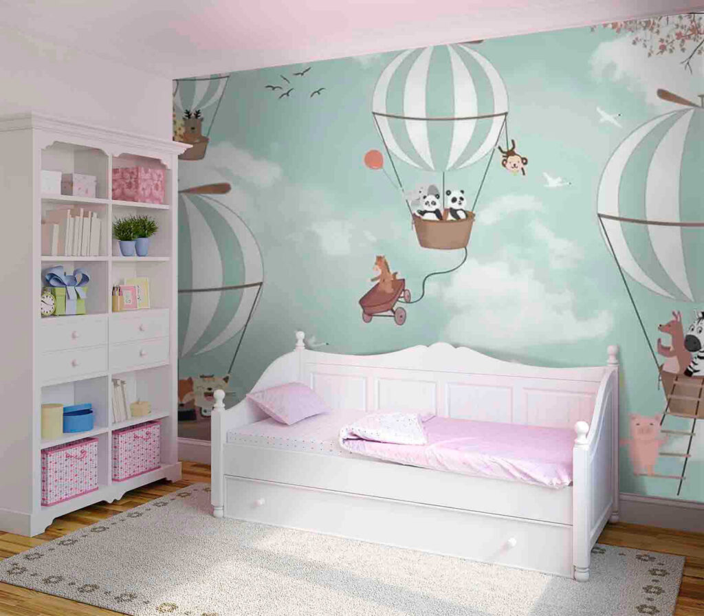 Pandas and hot air balloons in the sky