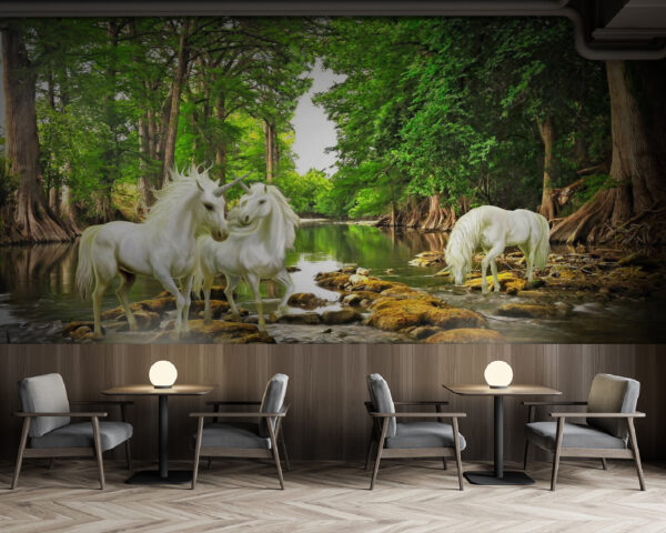 Gruppo di unicorni bianchi in un fiume Gruppo di unicorni bianchi in un fiume