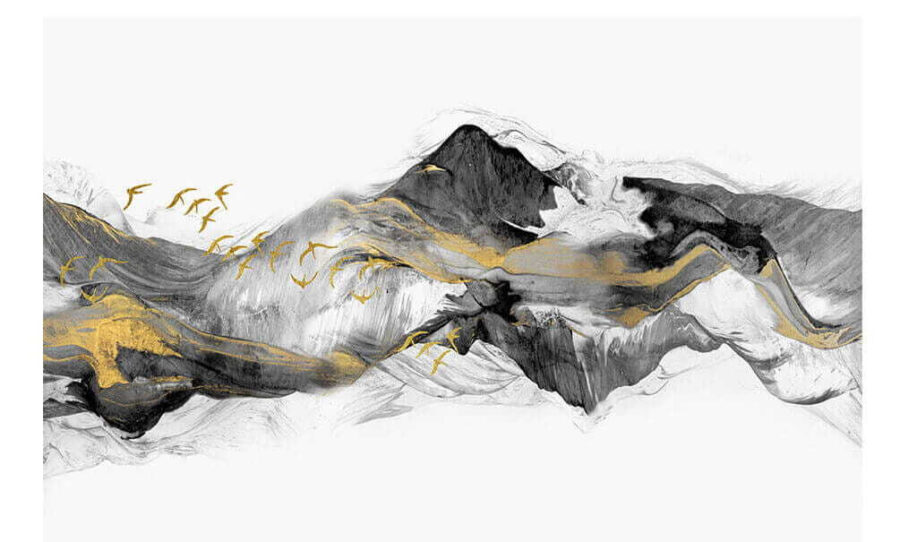 Pittura di montagne con uccelli in volo