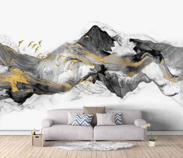 Pittura di montagne con uccelli in volo Pittura di montagne con uccelli in volo