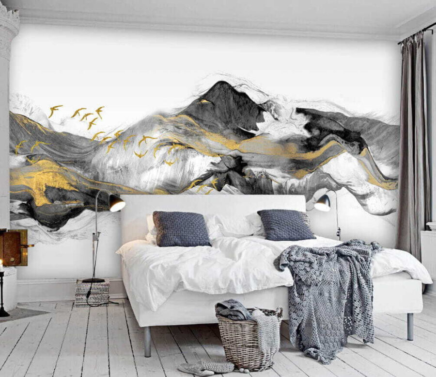 Pittura di montagne con uccelli in volo