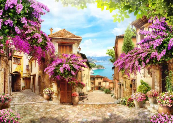 Strada con fiori e alberi Strada con fiori e alberi