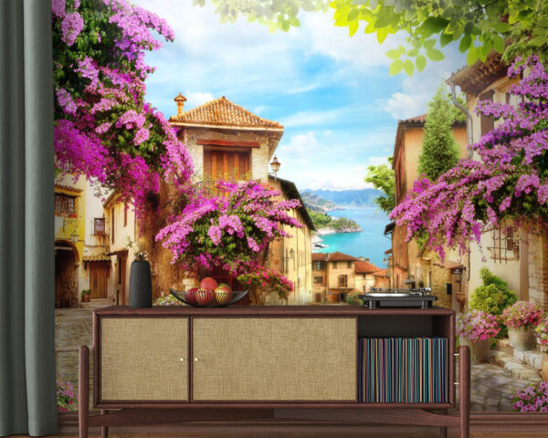 Strada con fiori e alberi Strada con fiori e alberi