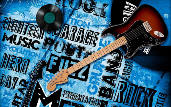 Chitarra e disco su sfondo blu Chitarra e disco su sfondo blu