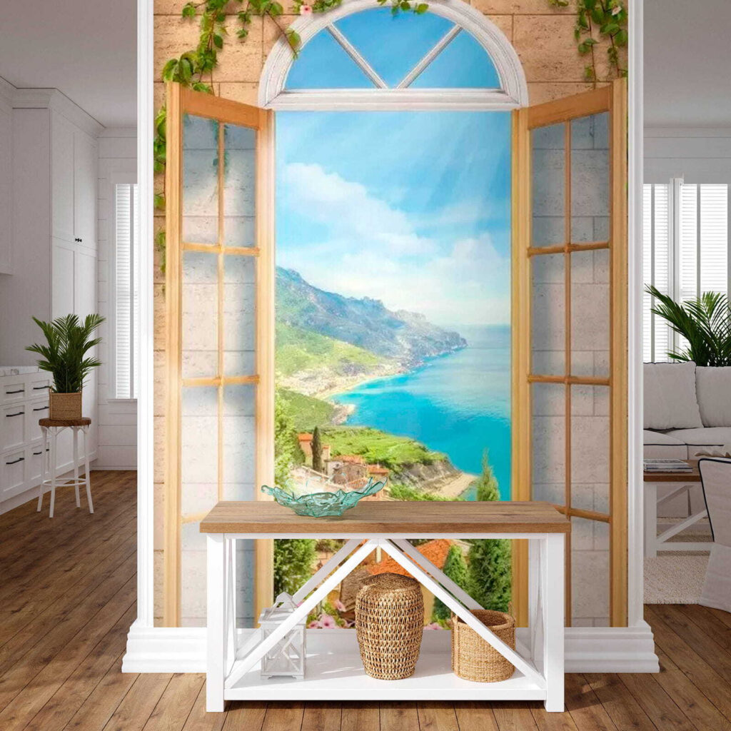Window with a view of a town and a body of water