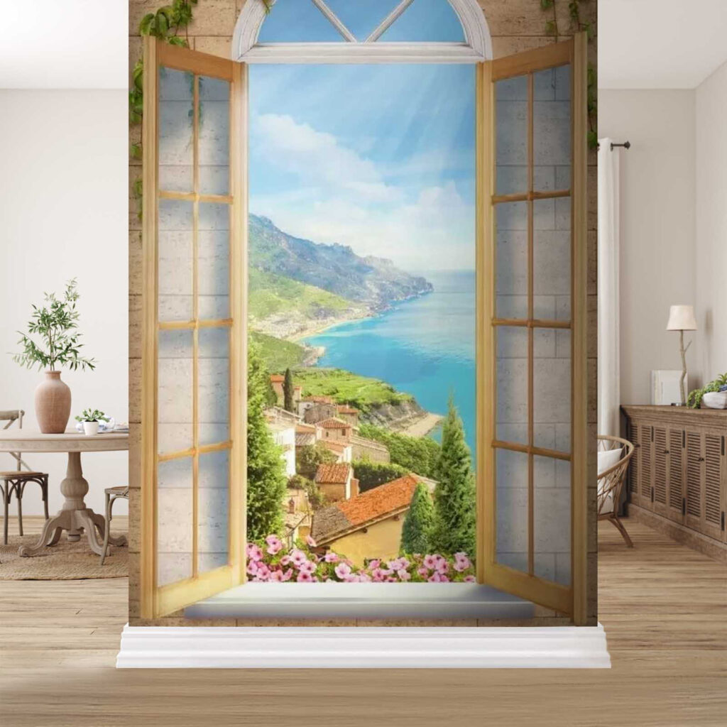 Window with a view of a town and a body of water