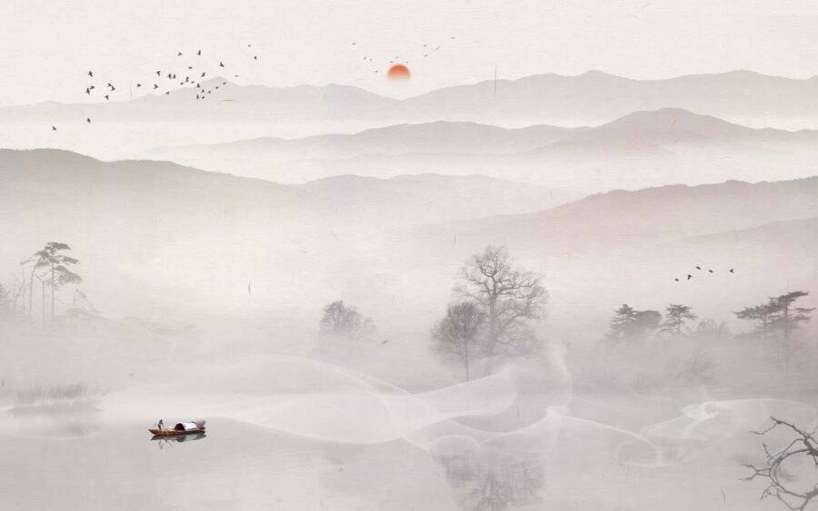 Carta da parati Barca su un lago con nebbia e alberi - immagine 2