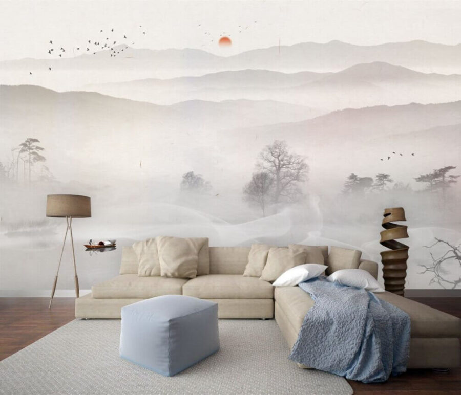 Carta da parati Barca su un lago con nebbia e alberi
