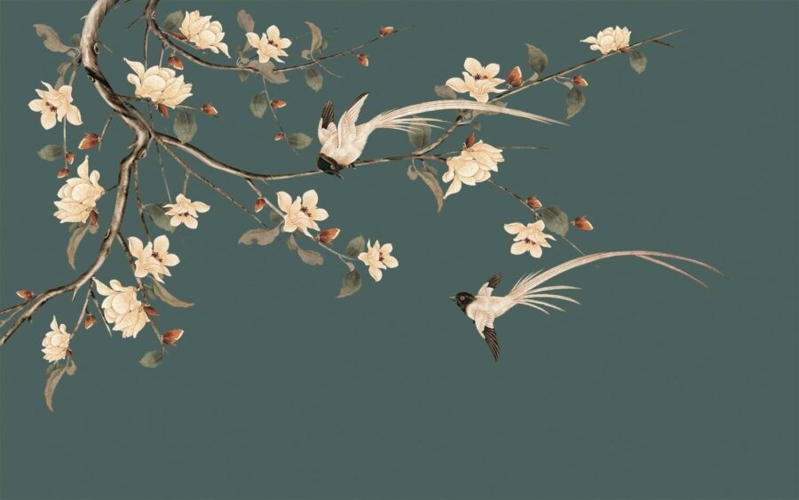 Carta da parati Uccello su un ramo con fiori - immagine 2