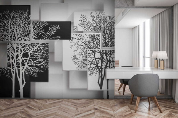 Gruppo di quadrati in bianco e nero con alberi Gruppo di quadrati in bianco e nero con alberi