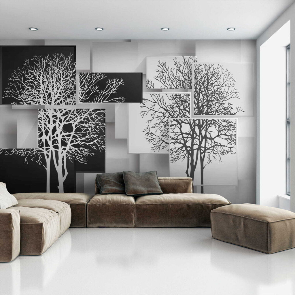 Group of black and white squares with trees on them